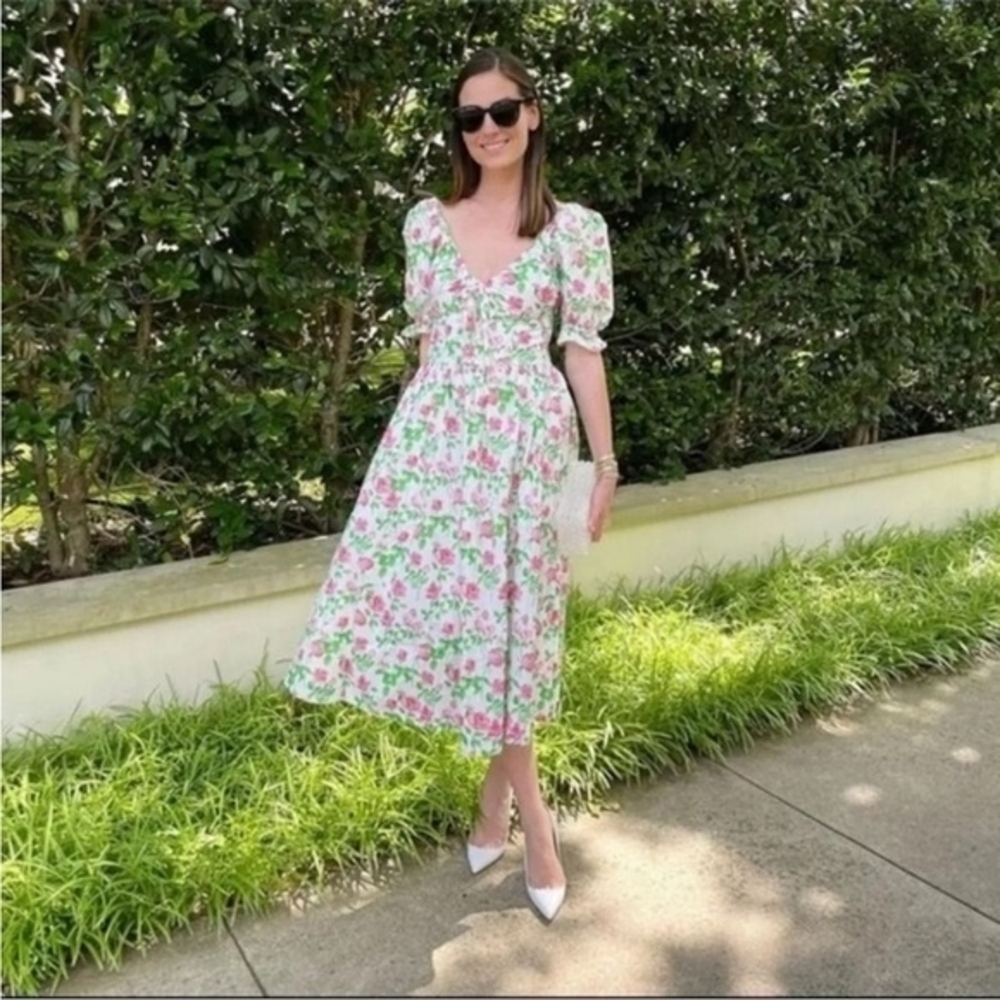 Hill House Pink and Green Floral Midi Dress